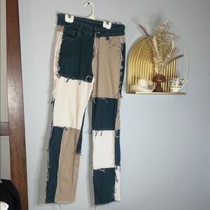 Patchwork Straight Leg Pants in Dark Green, Beige & Cream
